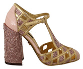 Dolce & Gabbana Pink Gold Leather Crystal Pumps T-strap Shoes -   -  Dolce & Gabbana.